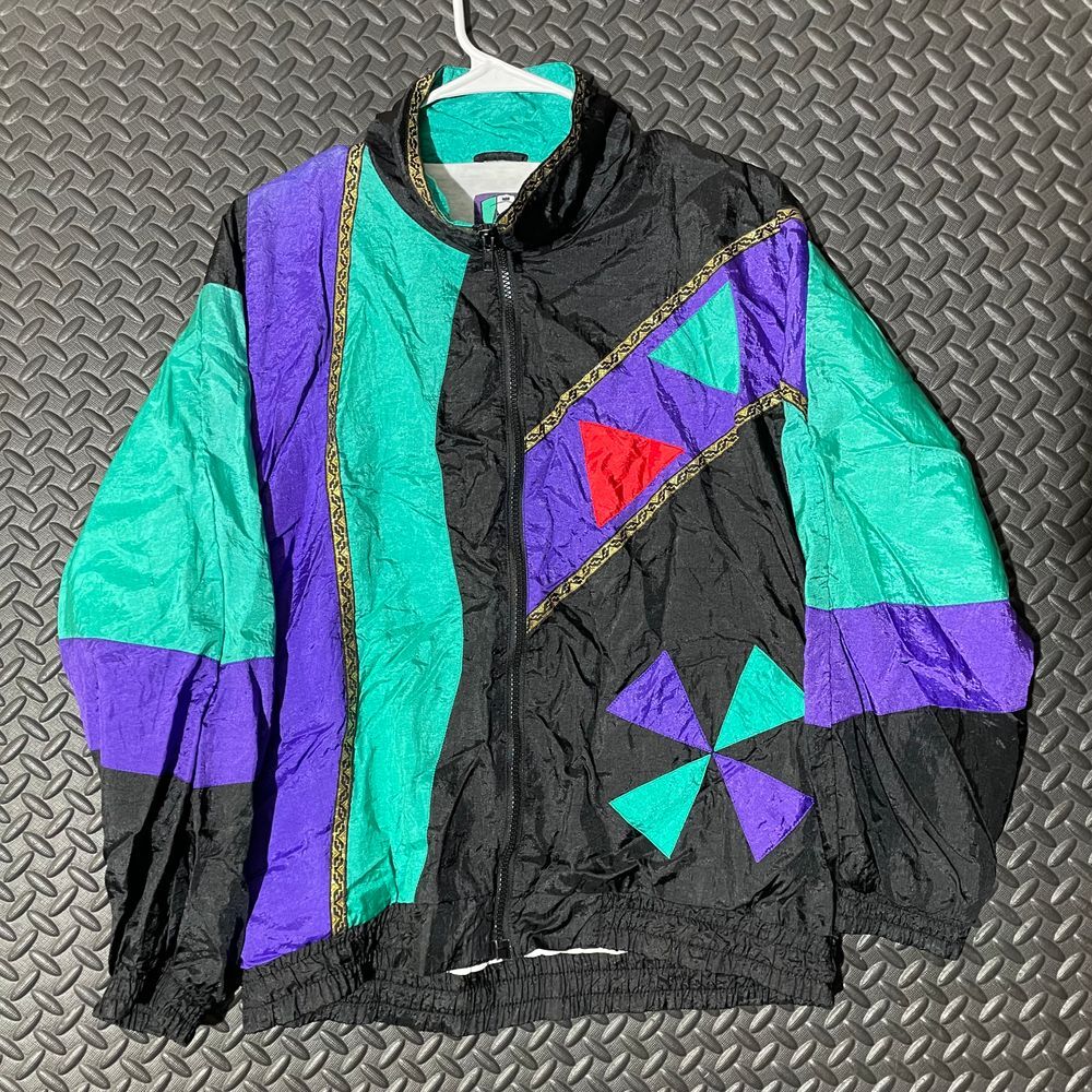 Vintage 2B Active Track WindBreaker‎ Black Geometric Full Zip Jacket Women 2p